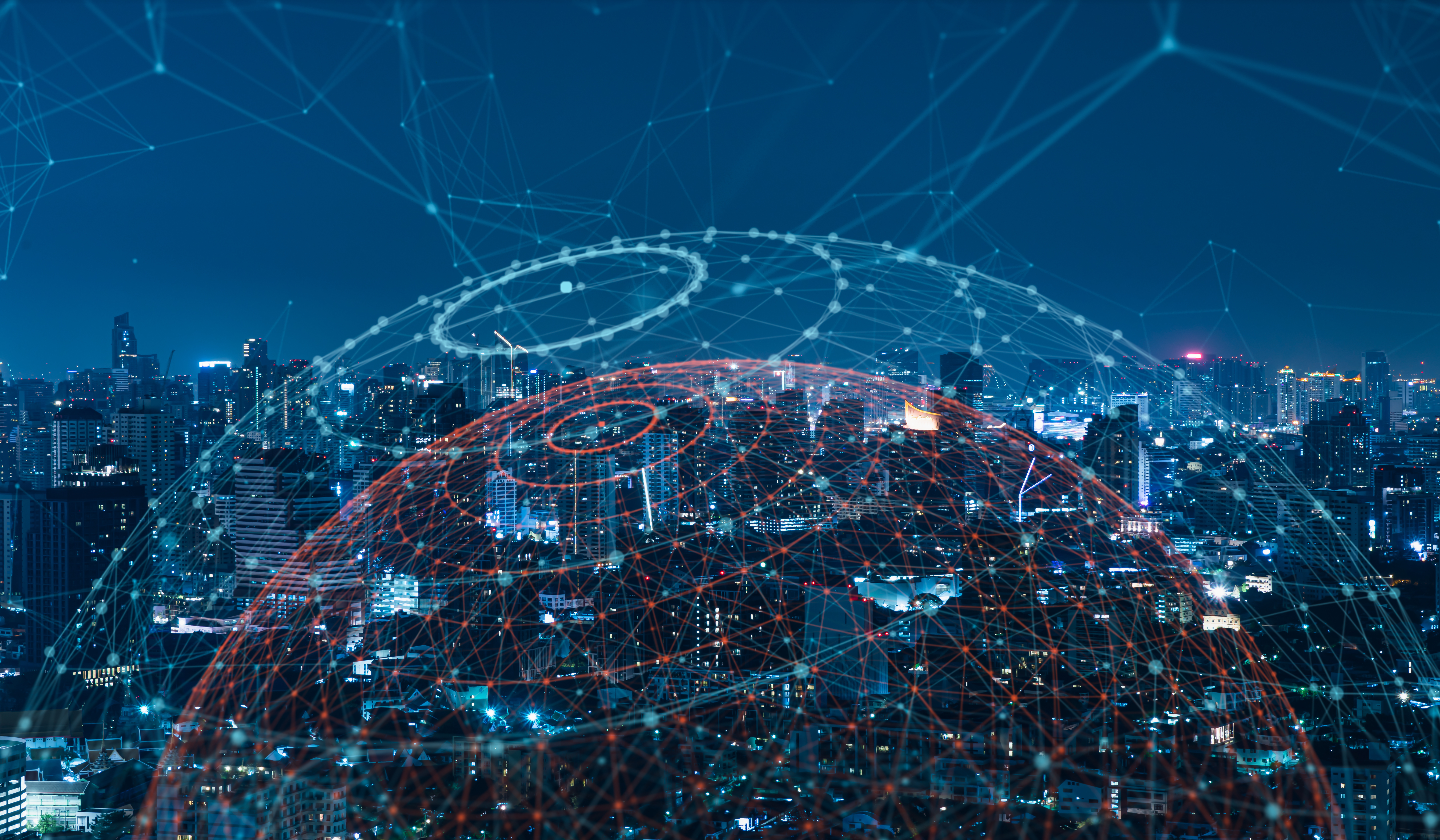 An image of a dark modern city with a net over the image.